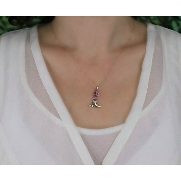 10k Yellow Gold Lab Created Ruby and Diamond Cowboy Boot Necklace 18 inch chain - Picture 2 of 8